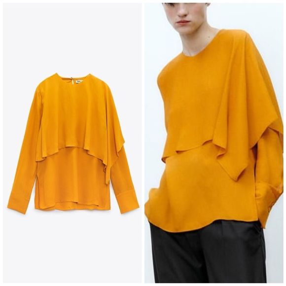 Zara Mustard Cape Viscose Blouse - Picture 1 of 9